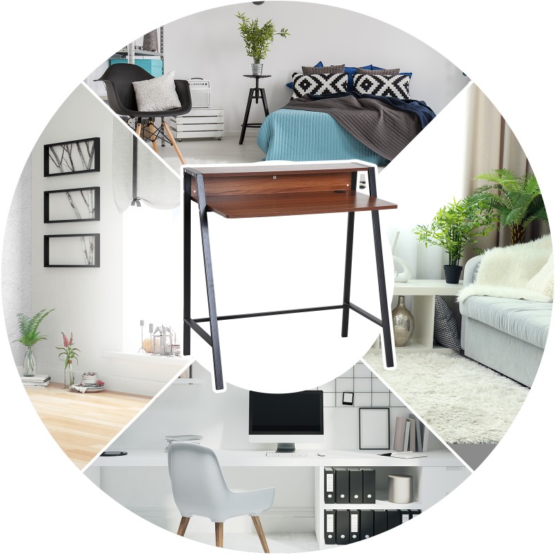 Työpöytä / tietokonepöytä hyllyllä ja kaapelinhallinnalla, MDF ja metallirunko, 84 x 45 x 85 cm, pähkinänruskea / musta