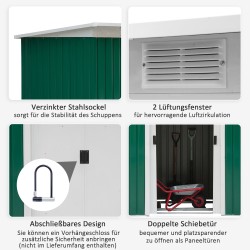 Metallinen pihavarasto 280x130x172 cm, 3,2 m², liukuovi, pulpettikatto, tummanvihreä