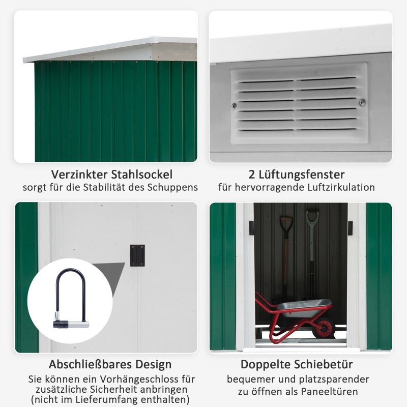 Metallinen pihavarasto 280x130x172 cm, 3,2 m², liukuovi, pulpettikatto, tummanvihreä