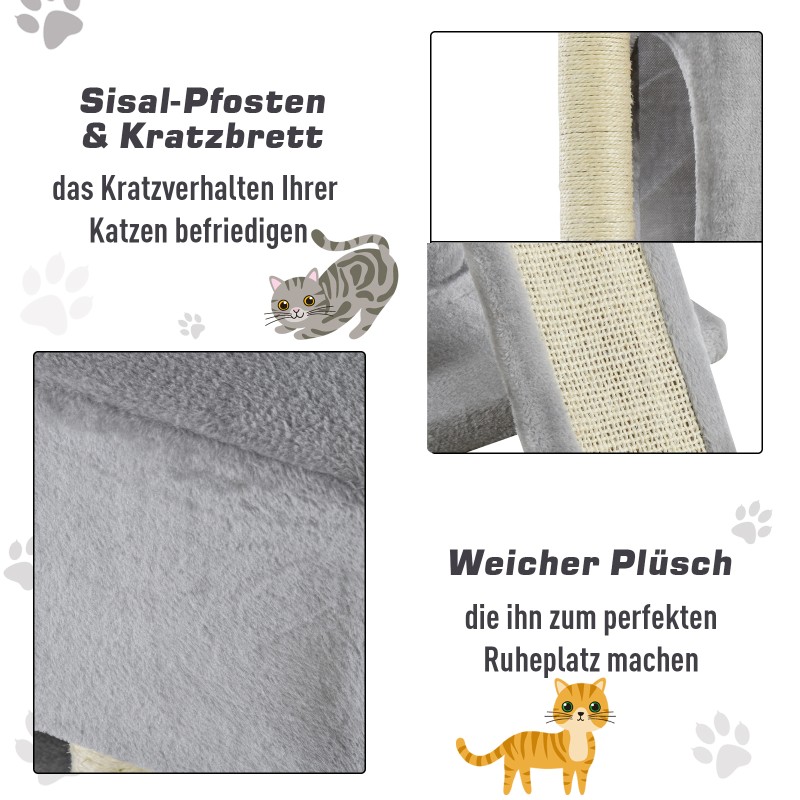 Kissan raapimispuu pienille kissoille 83 cm, sisalpylväs ja luolat, vaaleanharmaa