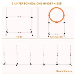 Koirien agilitysetti 3-osainen, hyppytanko, hyppylenkki ja pujottelukepit, muovi, valkoinen–keltainen, kantolaukulla
