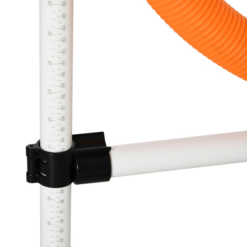 Koirien agilitysetti 3-osainen, hyppytanko, hyppylenkki ja pujottelukepit, muovi, valkoinen–keltainen, kantolaukulla