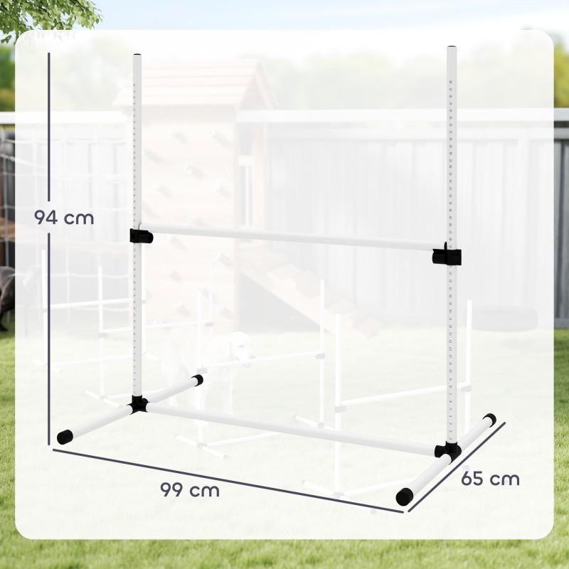 Koiran agility-setti 4-osainen, säädettävät hypyt ja pujottelutangot, valkoinen, kantolaukulla