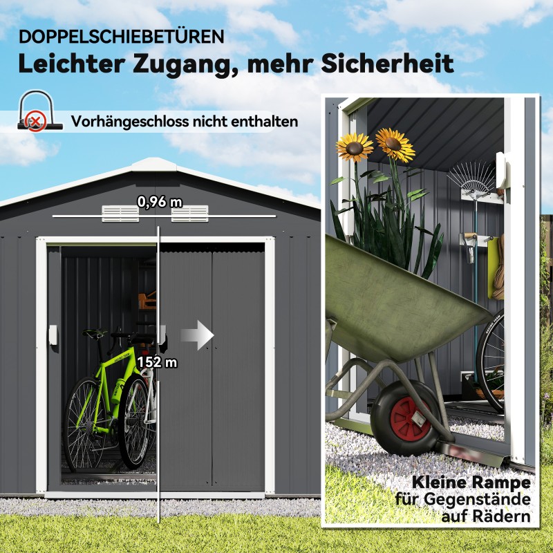 Metallinen pihavarasto puutarhatyökaluille, liukuovet, ilmanvaihtoaukot, galvanoitu teräs, kivihiilenharmaa, 340 x 386 x 200 cm