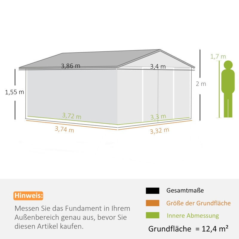 Pihavarasto teräksestä puutarhatyökaluille, liukuovet ja tuuletusaukot, tummanvihreä, 386 x 340 x 200 cm
