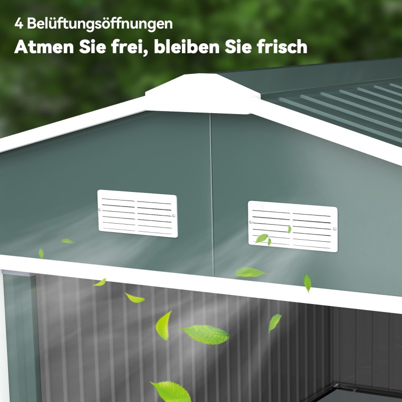 Pihavarasto teräksestä puutarhatyökaluille, liukuovet ja tuuletusaukot, tummanvihreä, 386 x 340 x 200 cm