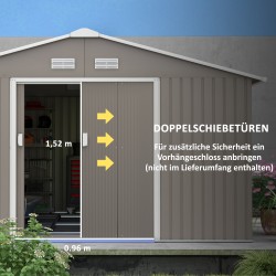 Säänkestävä teräksinen pihavarasto liukuovilla ja tuuletusaukoilla, vaaleanharmaa 386 x 340 x 200 cm