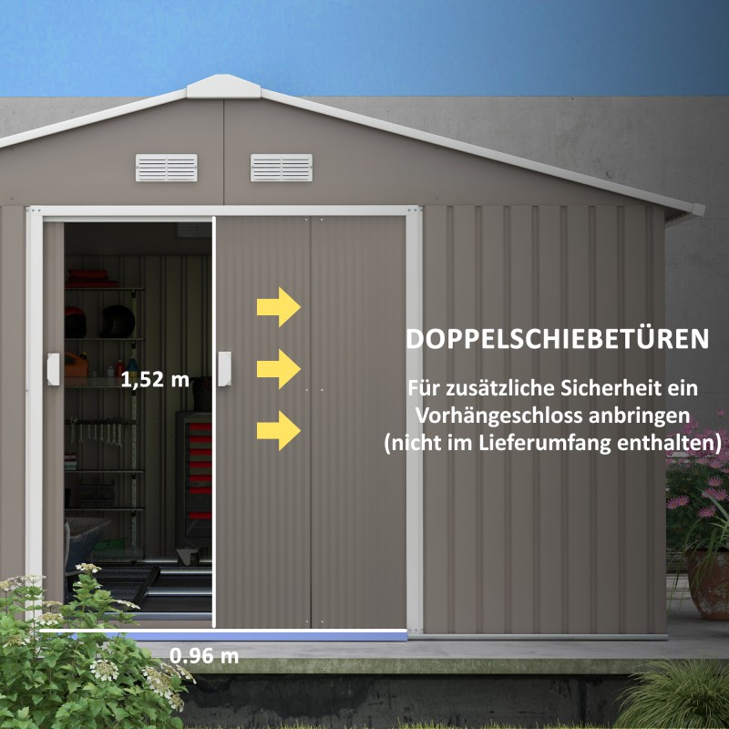 Säänkestävä teräksinen pihavarasto liukuovilla ja tuuletusaukoilla, vaaleanharmaa 386 x 340 x 200 cm