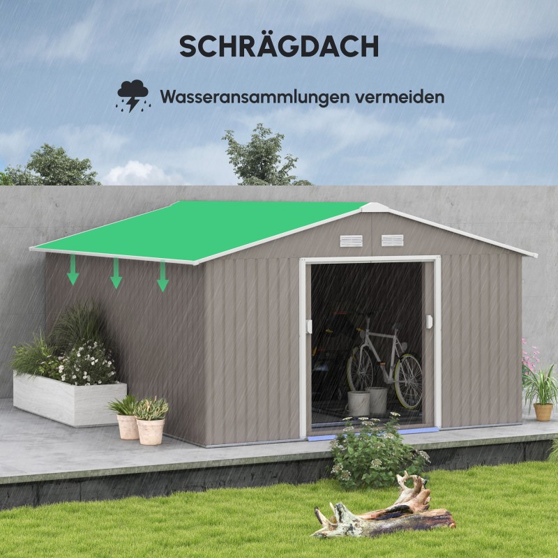 Säänkestävä teräksinen pihavarasto liukuovilla ja tuuletusaukoilla, vaaleanharmaa 386 x 340 x 200 cm