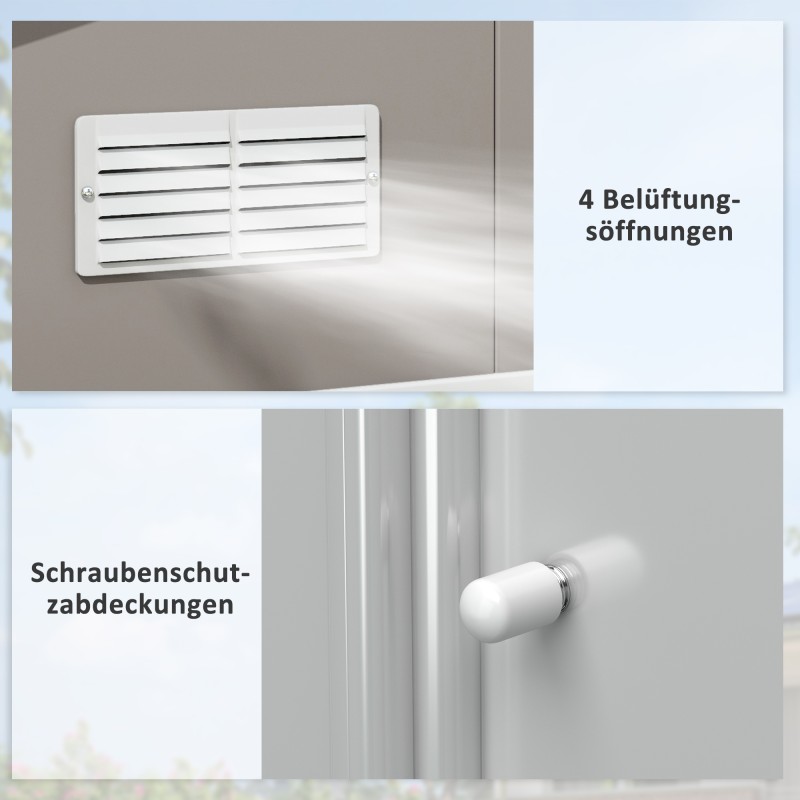 Säänkestävä teräksinen pihavarasto liukuovilla ja tuuletusaukoilla, vaaleanharmaa 386 x 340 x 200 cm