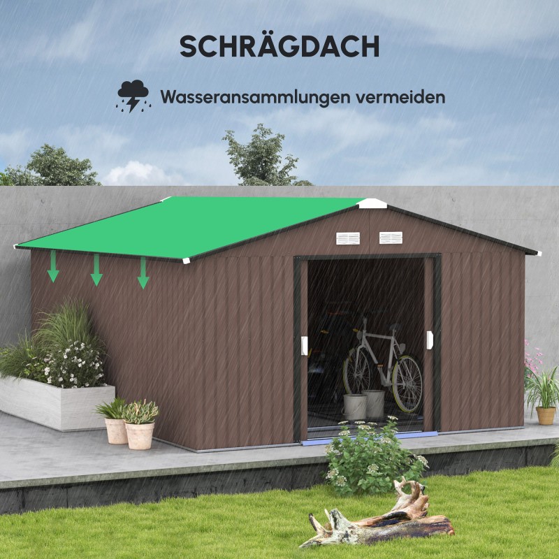 Pihavarasto puutarhatyökaluille 386x340x200 cm, ruskea, galvanoitu teräs, liukuovet ja tuuletusaukot