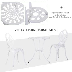 Puutarhan ruokailuryhmä 2 hengelle, alumiini, valkoinen, pöytä ø60 cm aurinkovarjon reiällä + 2 tuolia