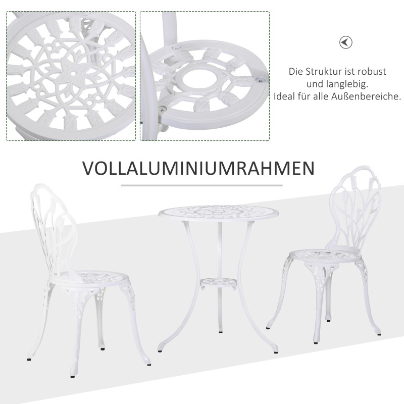 Puutarhan ruokailuryhmä 2 hengelle, alumiini, valkoinen, pöytä ø60 cm aurinkovarjon reiällä + 2 tuolia