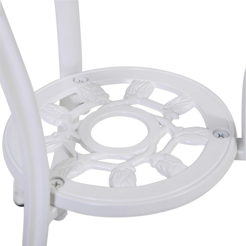 Puutarhan ruokailuryhmä 2 hengelle, alumiini, valkoinen, pöytä ø60 cm aurinkovarjon reiällä + 2 tuolia