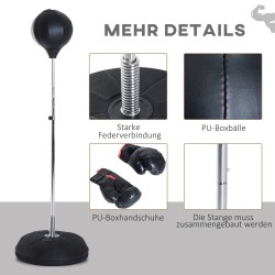 Säädettävä nyrkkeilypallosetti jalustalla 126–144 cm, nyrkkeilykäsineet ja pumppu, musta