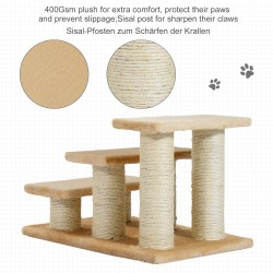 Lemmikkiportaat koirille ja kissoille, 3 askelmaa, plüüshi, sisal-sivut, cream, 45 x 35 x 34 cm