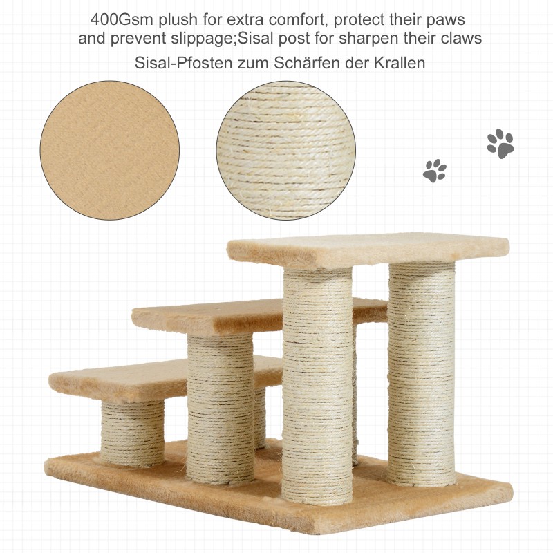 Lemmikkiportaat koirille ja kissoille, 3 askelmaa, plüüshi, sisal-sivut, cream, 45 x 35 x 34 cm