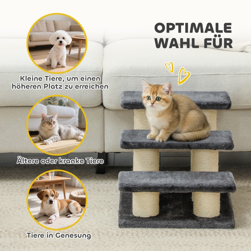 Lemmikkiramppi koirille ja kissoille, 3 askelmaa, 34 cm, harmaa plyysi ja sisal, max 50 kg