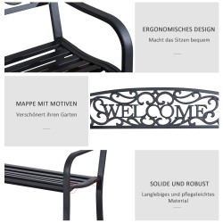 Metallinen puutarhapenkki 2 hengen, WELCOME-selkänoja, musta, ulkokäyttöön