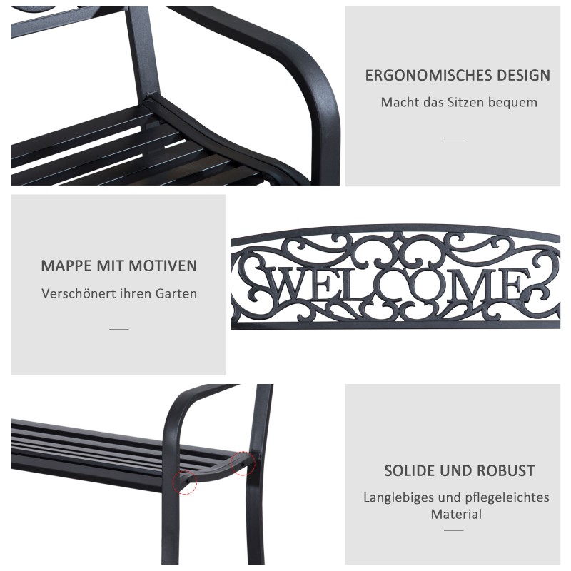 Metallinen puutarhapenkki 2 hengen, WELCOME-selkänoja, musta, ulkokäyttöön
