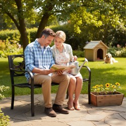 Musta metallinen puutarhapenkki 3 henkilölle selkänojalla ja käsinojilla, 240 kg kantavuus