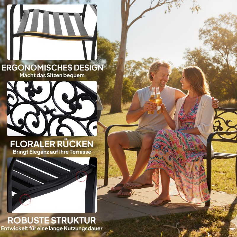 Musta metallinen puutarhapenkki 3 henkilölle selkänojalla ja käsinojilla, 240 kg kantavuus