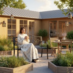 Musta metallinen puutarhapenkki 3 henkilölle selkänojalla ja käsinojilla, 240 kg kantavuus