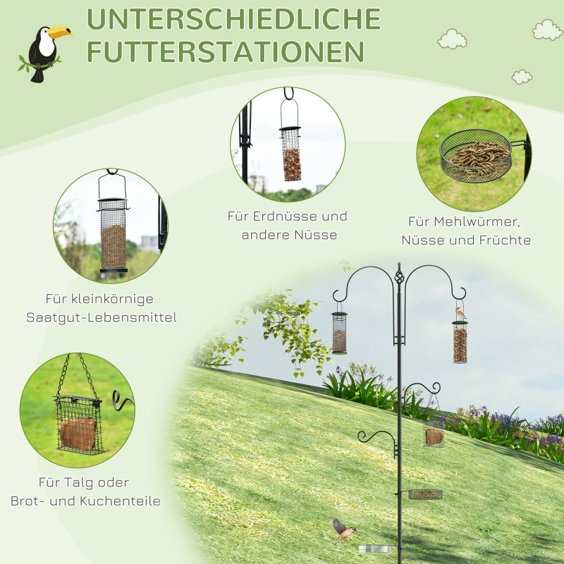 Lintujen ruokintateline 208 cm, 4 koukkua, vapaasti seisova maapiikillä, teräs, musta