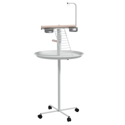 Papukaijan oleskeluteline tikkailla ja keinulla ruostumattomat kupit pyörät 60 x 138 cm valkoinen luonnonpuu