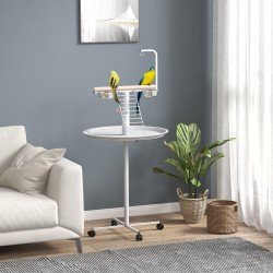 Papukaijan oleskeluteline tikkailla ja keinulla, ruostumattomat kupit, pyörät, Ø60 x 138 cm, valkoinen/luonnonpuu