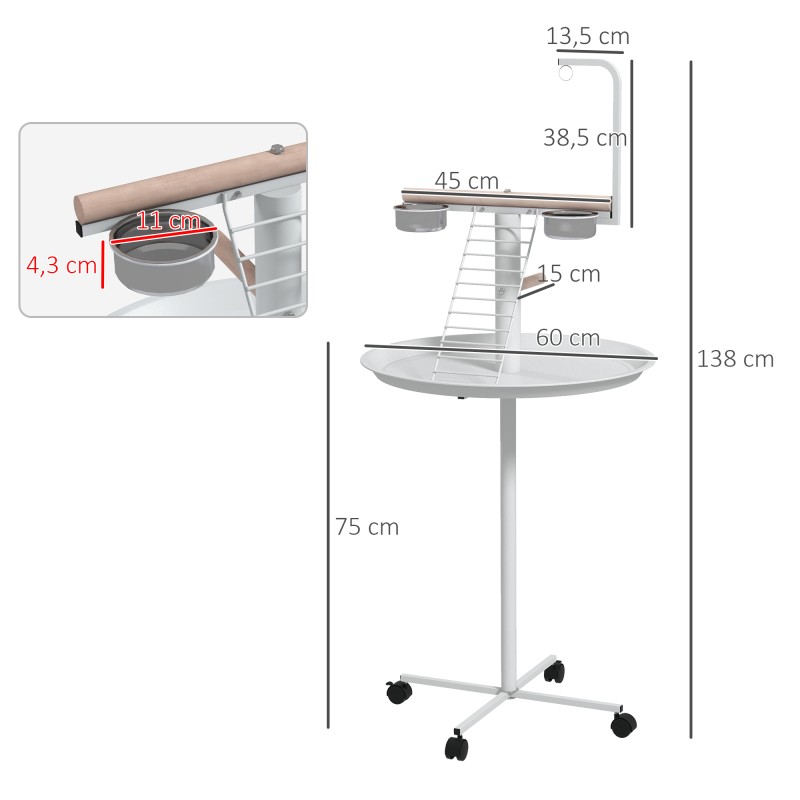 Papukaijan oleskeluteline tikkailla ja keinulla, ruostumattomat kupit, pyörät, Ø60 x 138 cm, valkoinen/luonnonpuu