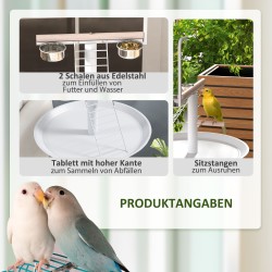 Papukaijan oleskeluteline tikkailla ja keinulla, ruostumattomat kupit, pyörät, Ø60 x 138 cm, valkoinen/luonnonpuu