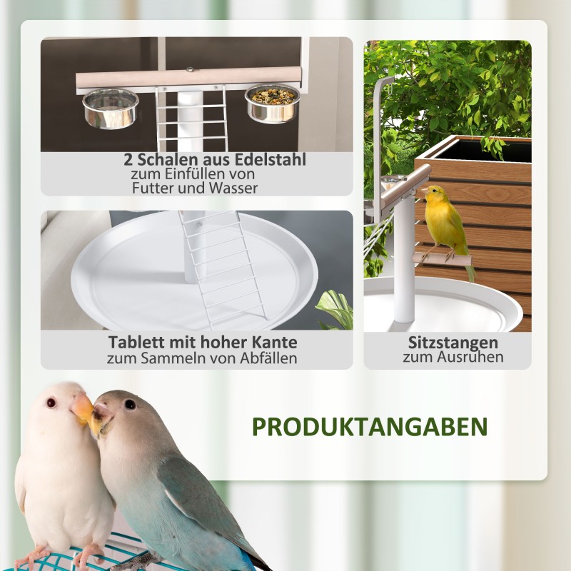 Papukaijan oleskeluteline tikkailla ja keinulla, ruostumattomat kupit, pyörät, Ø60 x 138 cm, valkoinen/luonnonpuu