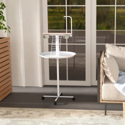 Papukaijan oleskeluteline tikkailla ja keinulla, ruostumattomat kupit, pyörät, Ø60 x 138 cm, valkoinen/luonnonpuu