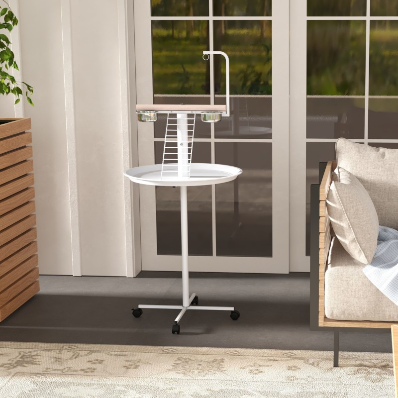 Papukaijan oleskeluteline tikkailla ja keinulla, ruostumattomat kupit, pyörät, Ø60 x 138 cm, valkoinen/luonnonpuu