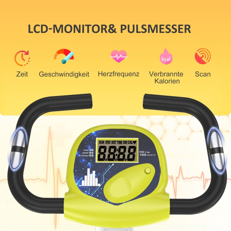 Kokoontaitettava magneettinen kuntopyörä LCD-näytöllä, 8 vastustasoa, selkänojalla, keltainen-valkoinen