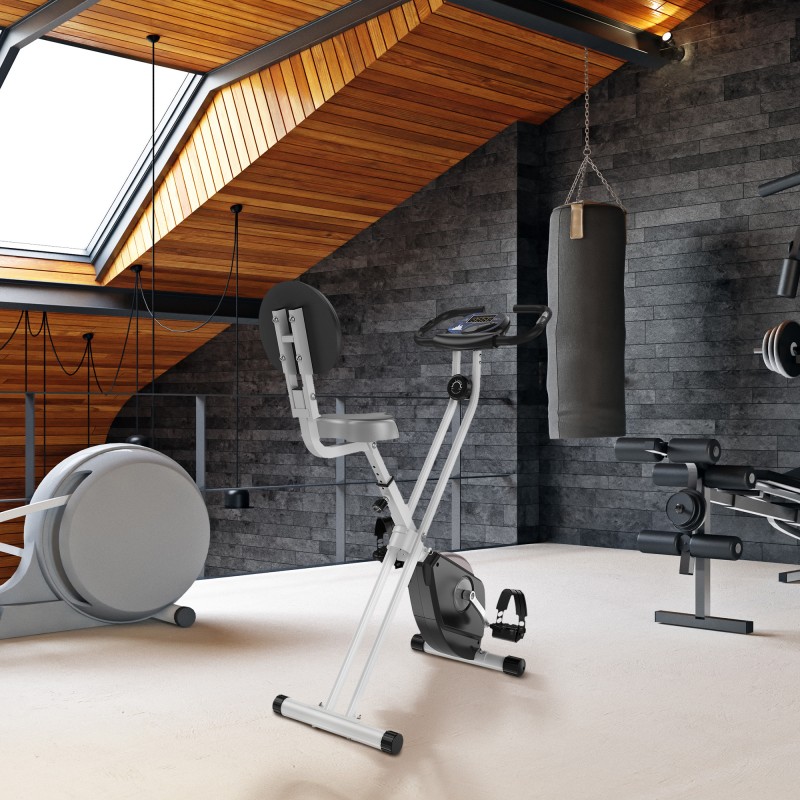 Taittuva kuntopyörä 8-portaisella magneettivastuksella, säädettävä istuin ja selkänoja, teräs, musta/harmaa