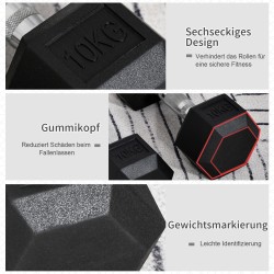 Kuusikulmaiset käsipainot 2 x 10 kg setti, kumipäällysteinen valurauta, uritettu metallikahva, musta