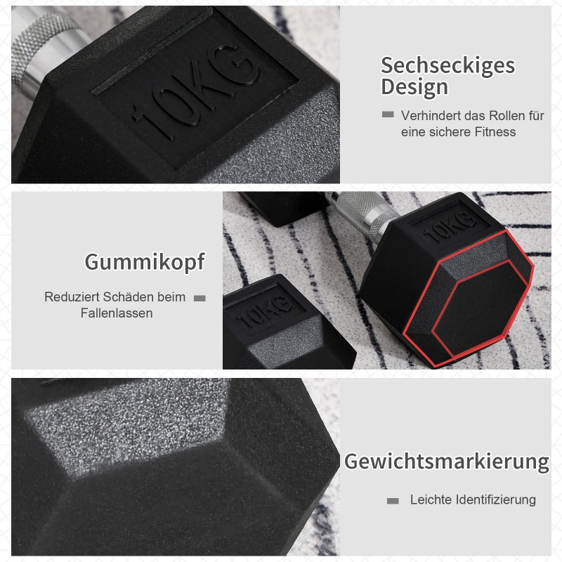 Kuusikulmaiset käsipainot 2 x 10 kg setti, kumipäällysteinen valurauta, uritettu metallikahva, musta