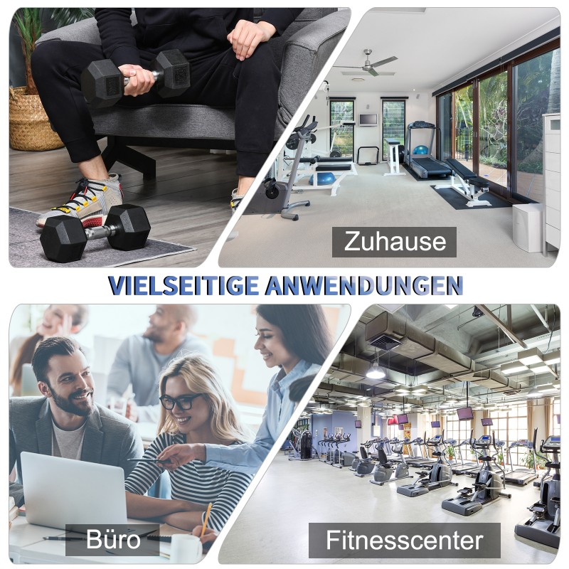 Kuusikulmaiset käsipainot 2 x 10 kg setti, kumipäällysteinen valurauta, uritettu metallikahva, musta