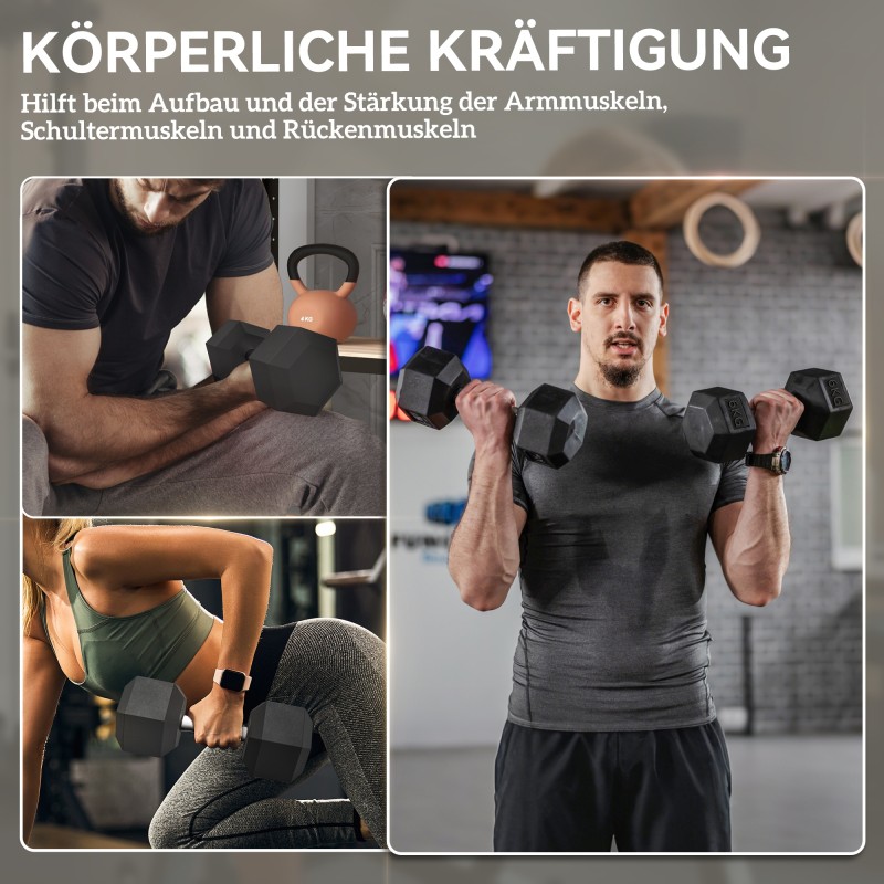 Kuusikulmaiset käsipainot 2 x 6 kg, kumipäällysteinen valurauta, musta, 2 kpl setti koti- ja kuntosaliharjoitteluun