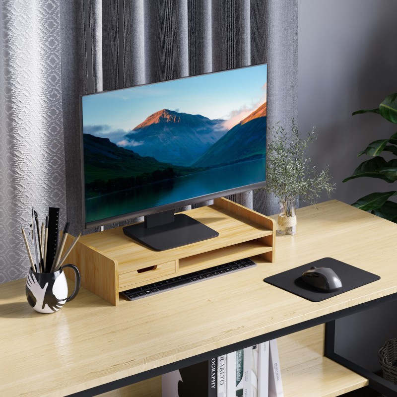 Bambuinen näytönkoroke laatikolla ja hyllyllä 49 x 25,5 x 11,5 cm, luonnollinen