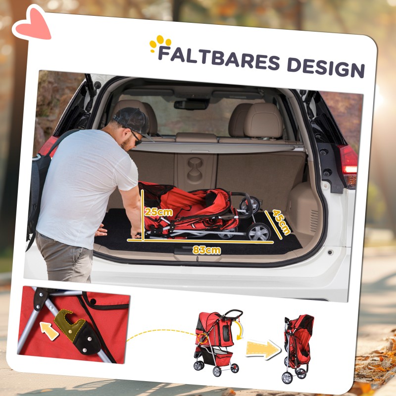 Lemmikkirattaat koiralle, enint. 10 kg, taitettava, säilytyskori, 2 mukitelinettä, säädettävä kuomu, punainen