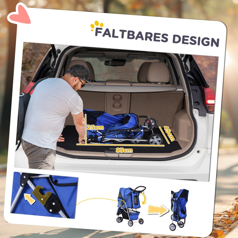 Lemmikkirattaat pienille koirille, kokoontaitettava koiravaunu 10 kg asti, sininen