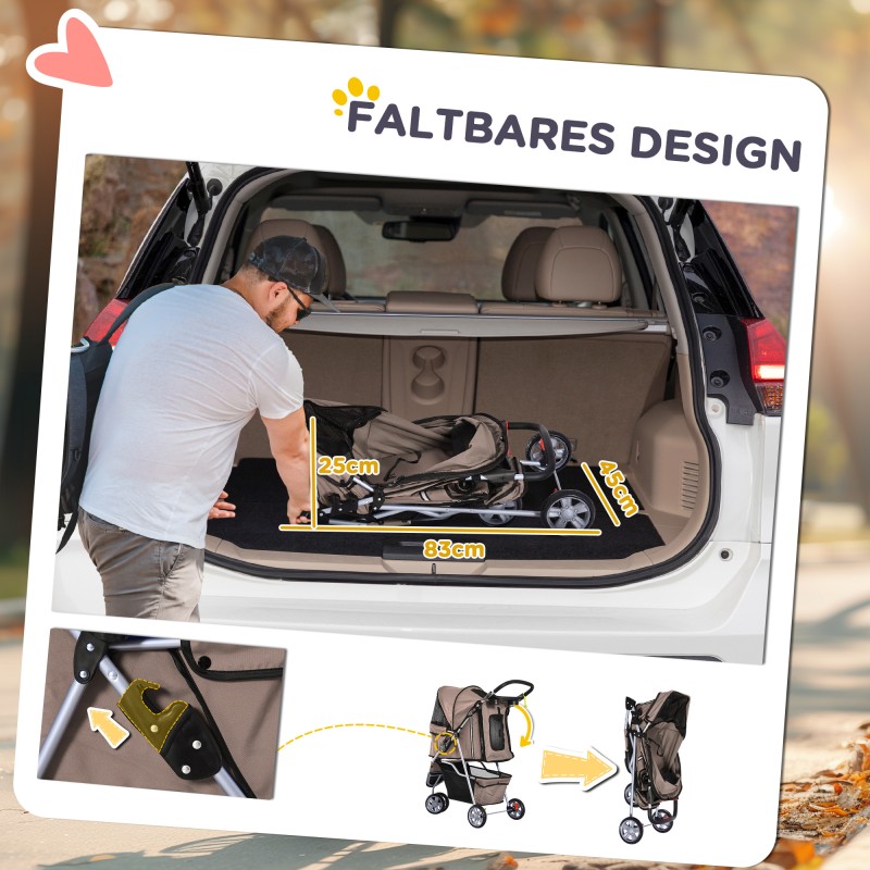 Lemmikkivaunu koirille, enintään 10 kg, kokoontaitettava, tavarakori, 2 mukitelinettä, säädettävä aurinkokatos, kahvinruskea