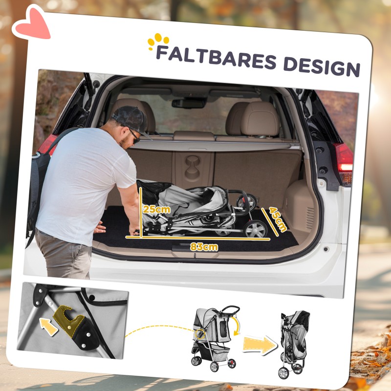 Koiranrattaat pienille koirille, taitettava koirankärry 10 kg, säilytyskori ja 2 mukinpidikettä, harmaa