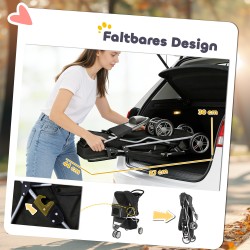 Lemmikkirattaat koiralle ja kissalle, taitettava koiravaunu 10 kg asti, säilytyskori ja juomateline, musta