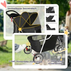 Lemmikkirattaat koiralle ja kissalle, taitettava koiravaunu 10 kg asti, säilytyskori ja juomateline, musta