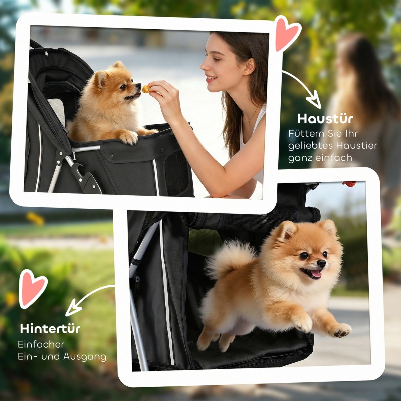 Lemmikkirattaat koiralle ja kissalle, taitettava koiravaunu 10 kg asti, säilytyskori ja juomateline, musta