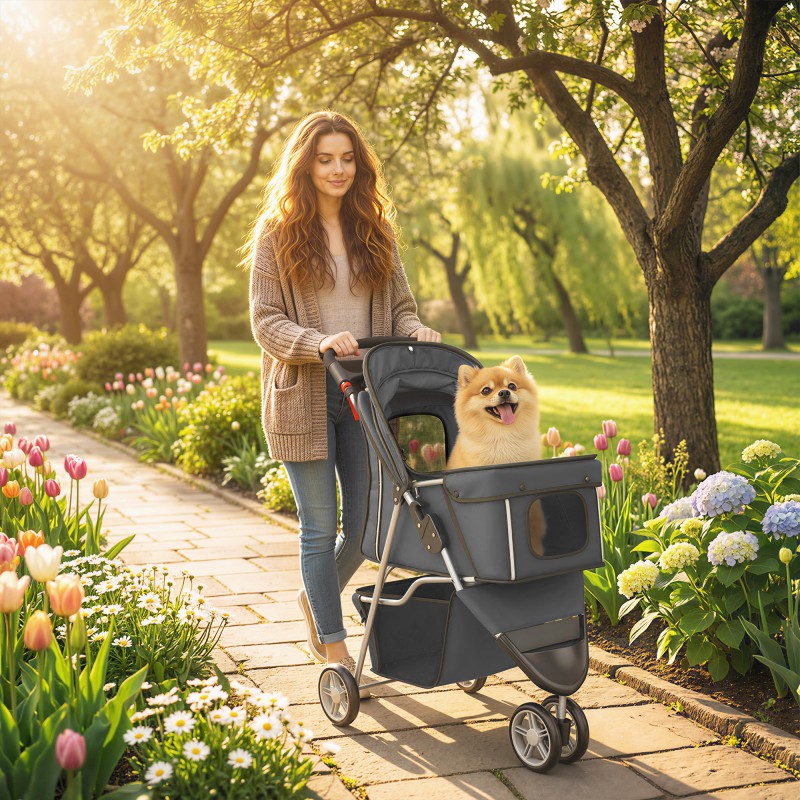 Taitettava lemmikkiratas pienille koirille ja kissoille, max 10 kg, säilytyskori, tummanharmaa